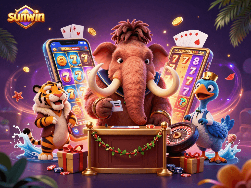 Engage with sunwin's thrilling slot experience as vibrant characters animate a lively casino scene.