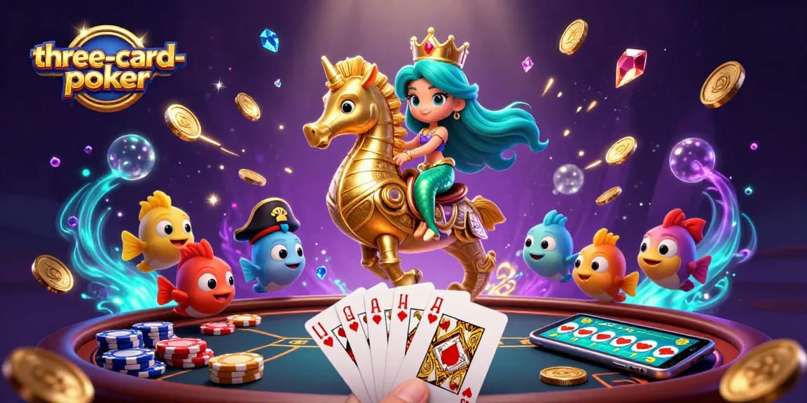 Experience three-card-poker thrills with mermaids, coins, and poker chips in vibrant underwater scene.