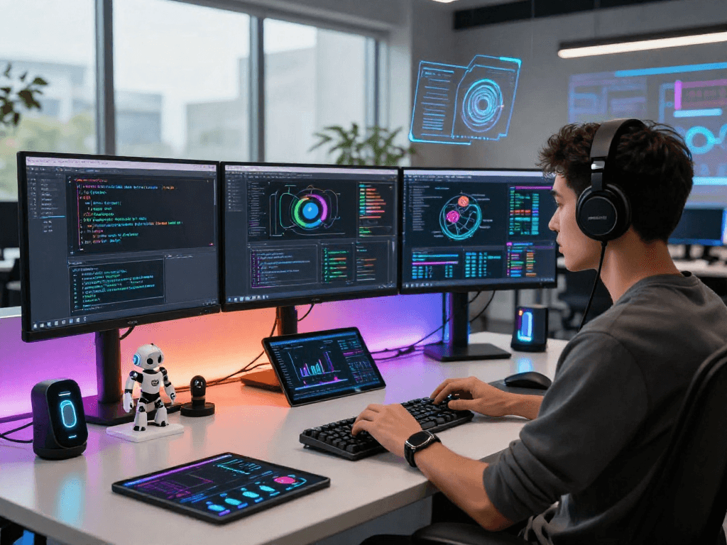 AI developer coding complex nsfw ai algorithms in a vibrant digital workspace.