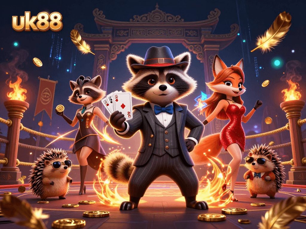 Experience thrilling bets with uk88, featuring a raccoon and fox in a glamorous casino scene.