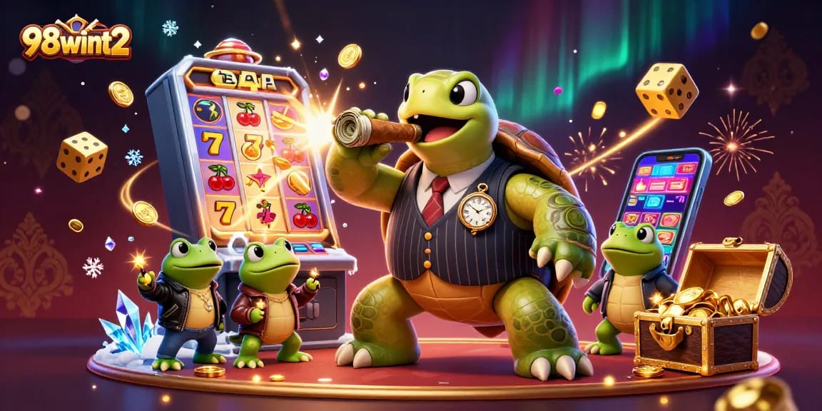 98wint2 showcases a lively casino scene with a vintage turtle mobster and dynamic slot machine.