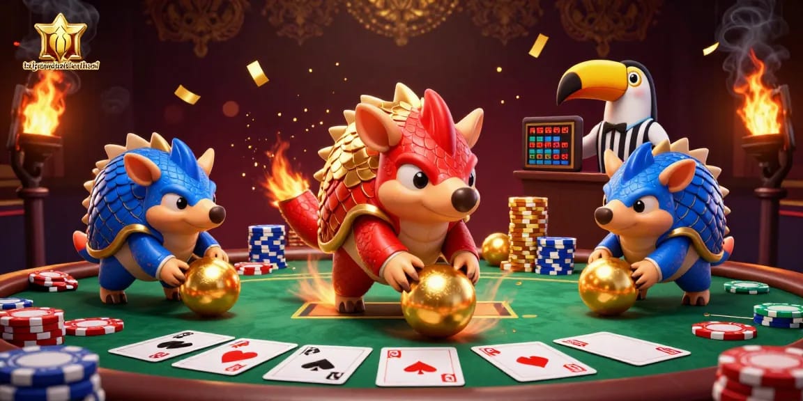 Engage with taigamebaidienthoai as rival pangolins playfully compete in poker amidst colorful casino elements.