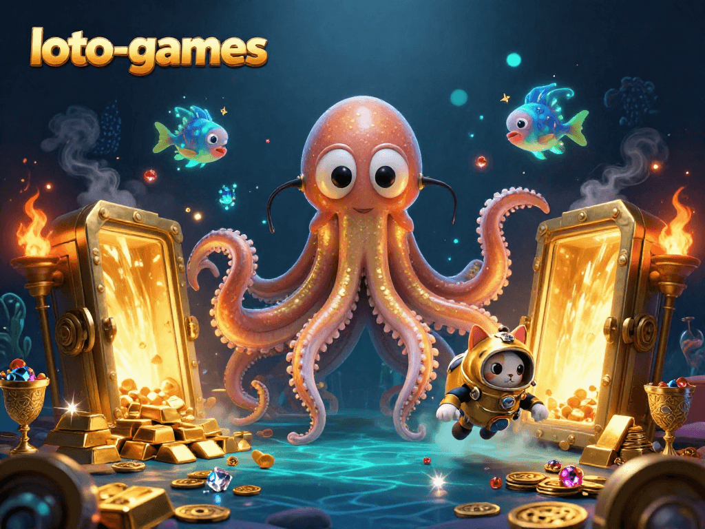 Experience the thrill of loto-games with an epic treasure scene featuring a kraken and diving cat.