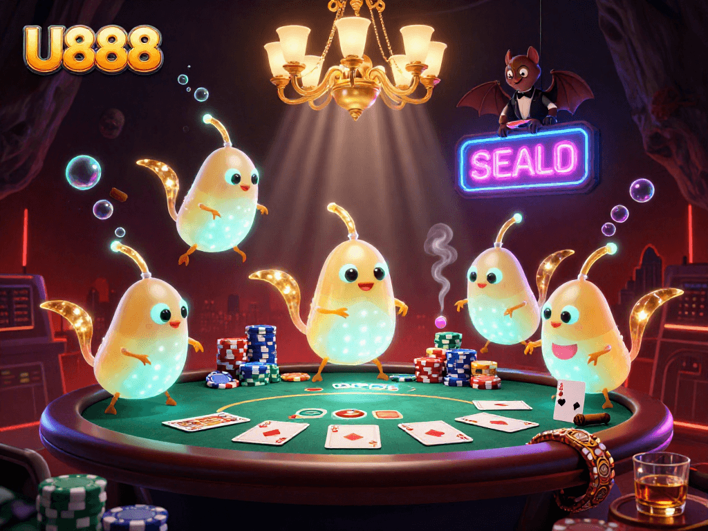 U888 casino scene with glowworms lighting a poker table and a bat dealer in action, vibrant details.