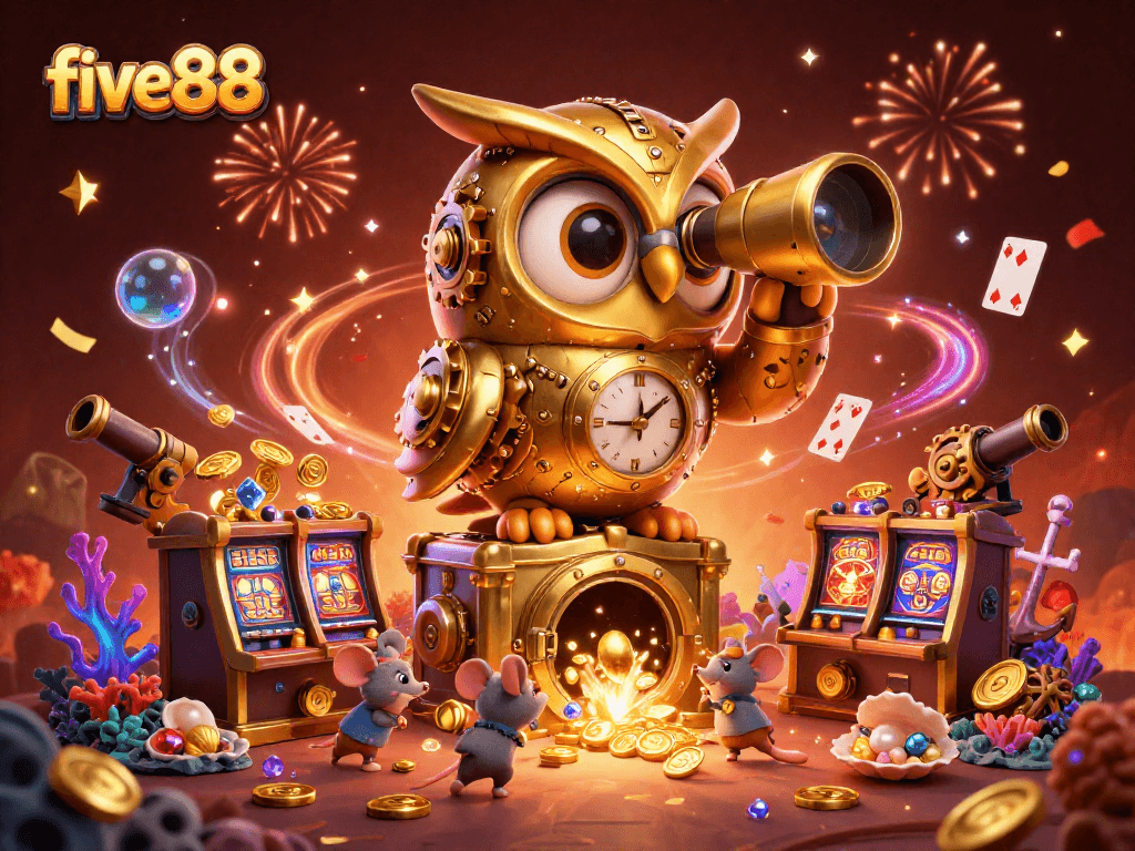 Experience exciting gameplay at five88 with a 3D illustration showcasing a golden owl and vibrant casino elements.