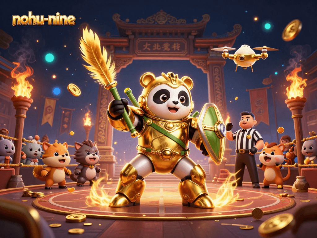 Nohup-nine gaming spectacle: mech-suit golden panda battles with animated energy in a bustling casino arena.
