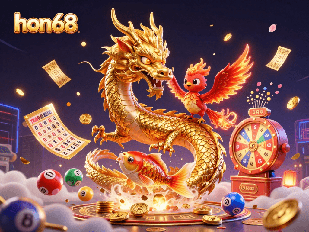 Experience excitement at hon68 with vibrant lottery balls, a dragon, and a phoenix in a dynamic casino scene.