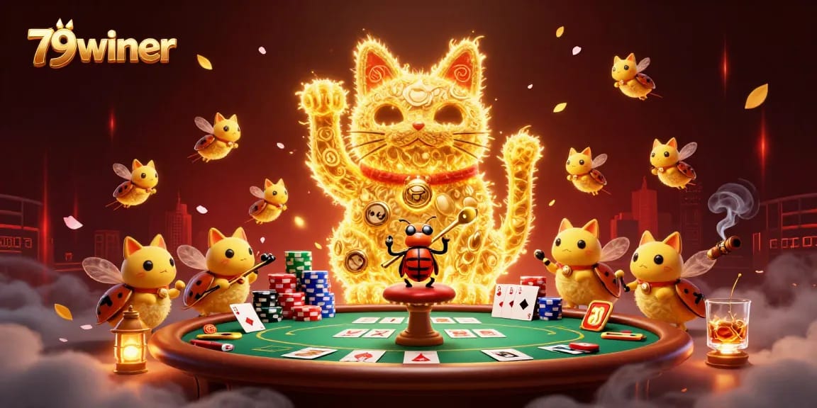 Engage with exciting slots on 79winer, featuring a vibrant lucky cat surrounded by poker games.