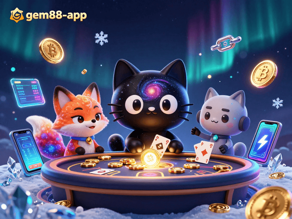 Experience the thrill of the gem88-app with a cosmic casino scene featuring engaging characters and crypto elements.