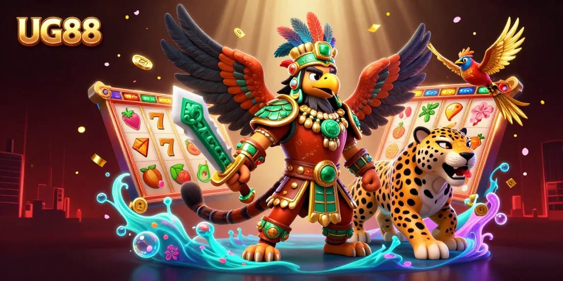 Engage in thrilling gameplay at UG88 with vibrant slot reels amidst Aztec warriors.