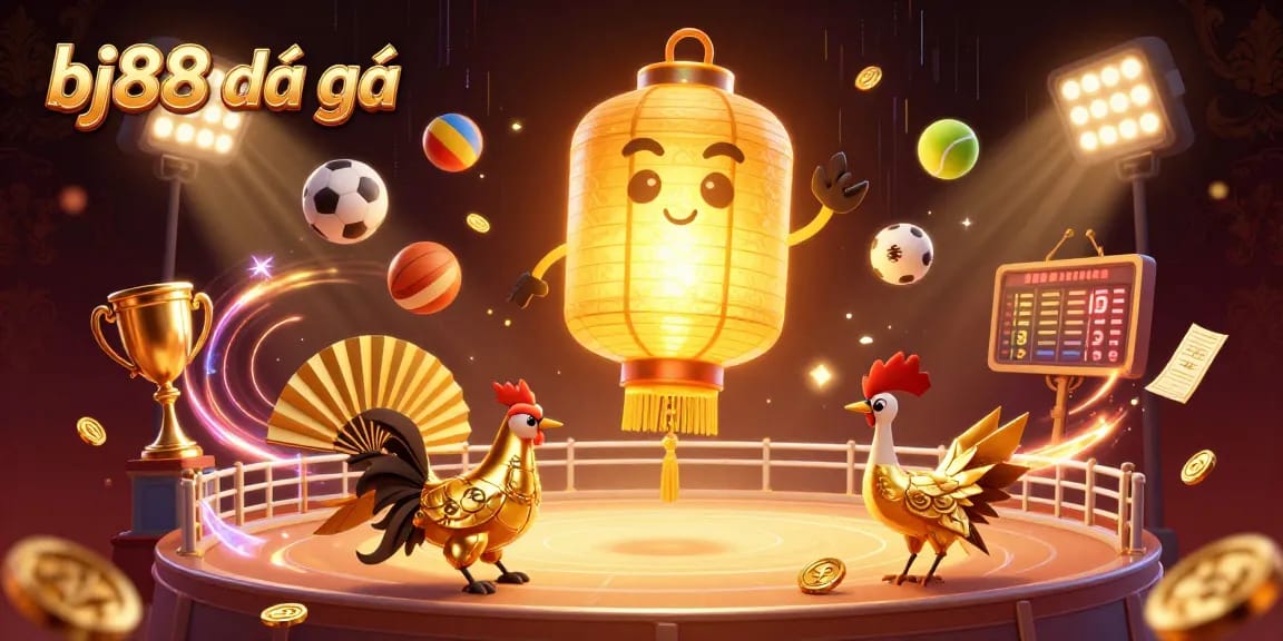 Place exciting bets at bj88 đá gà, featuring a dynamic cockfighting arena surrounded by sports elements.