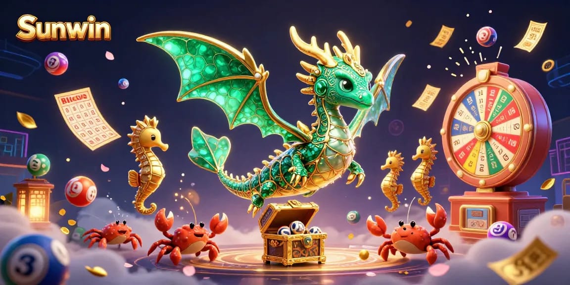 Engage with Sunwin’s colorful lottery game scene featuring a dragon and treasure, designed for maximum excitement.