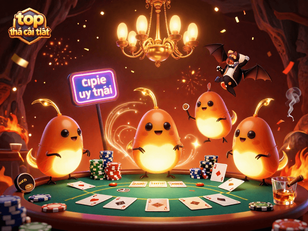 Experience excitement at top nhà cái uy tín with a colorful, lively casino illustration featuring poker action.