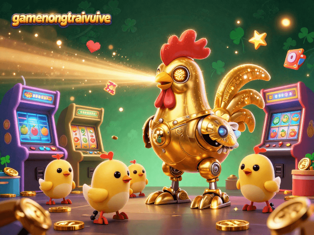 Engage with gamenongtraivuive's thrilling casino experience featuring a golden rooster robot and slot reels.