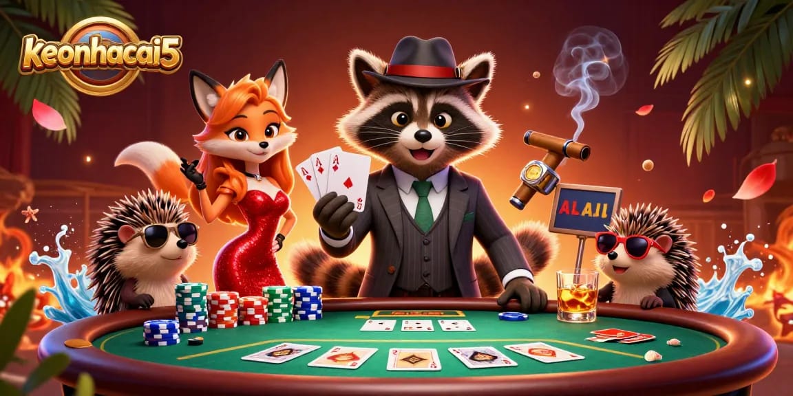 Engage with keonhacai5 in a lively poker scene featuring a raccoon in a suit winning a royal flush.