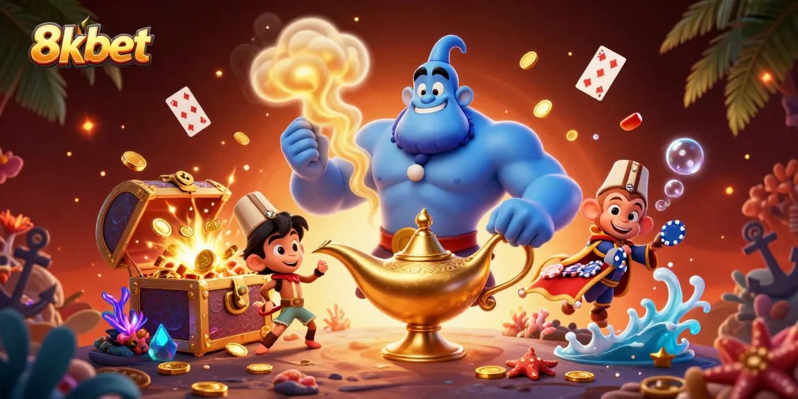 Engage with 8xbet's dynamic casino gameplay featuring a magical Genie and poker chips.