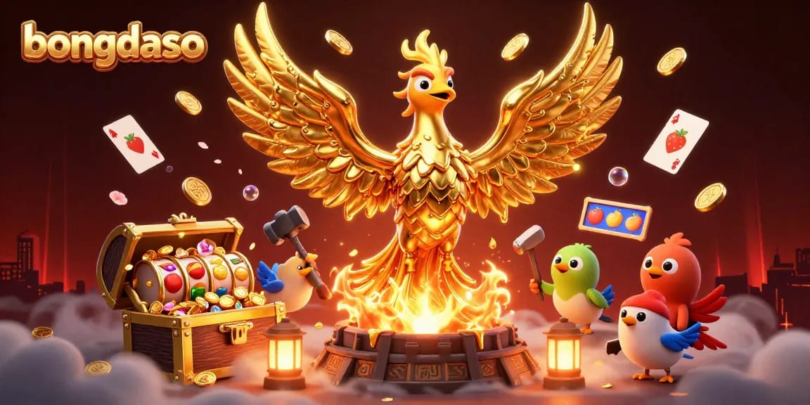Bongdaso showcases a golden phoenix and slot elements, symbolizing exciting casino experiences.