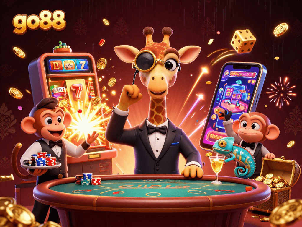 Experience excitement at go88 with a high-roller giraffe, vibrant slots, and winning atmosphere.