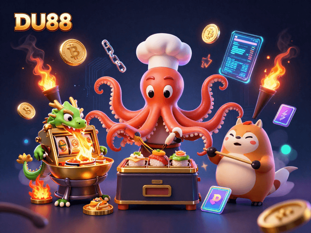 Engaging DU88 slot machine scene with a sushi chef octopus, dragon, and tanuki, showcasing vibrant casino elements.