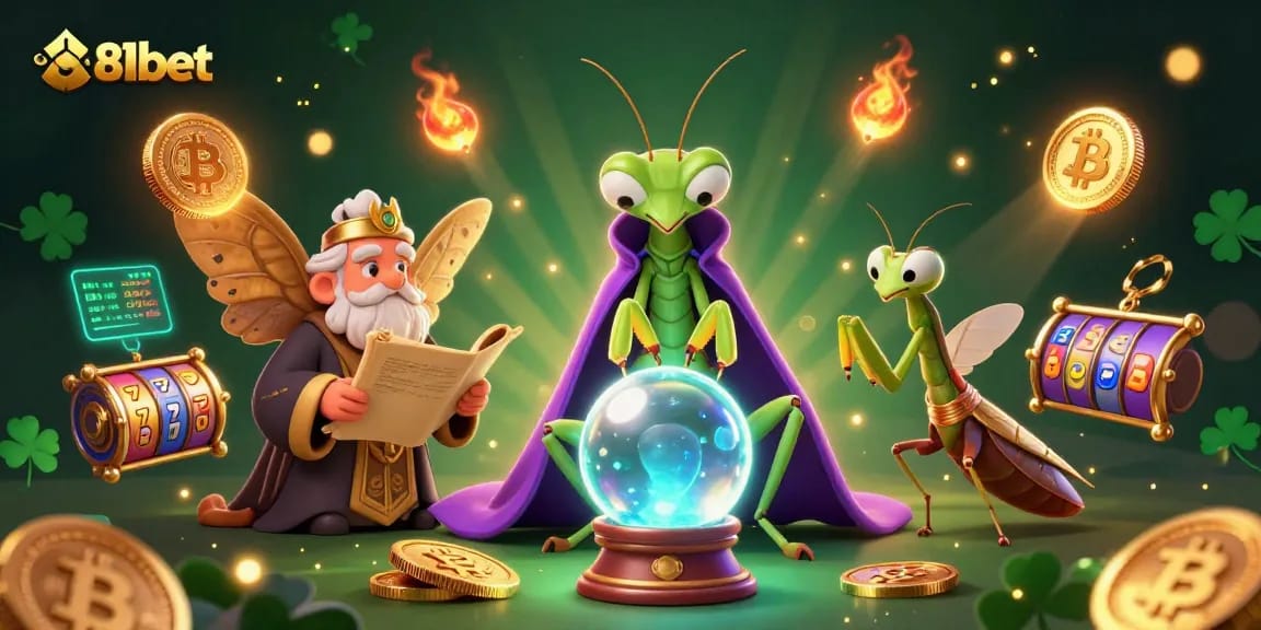Experience the thrill of 81bet with vibrant 3D casino elements, featuring a mystical fortune teller, games, and crypto assets.
