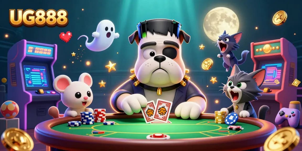 Join the action at UG888 with a unique poker showdown featuring cartoon characters and spooky elements!
