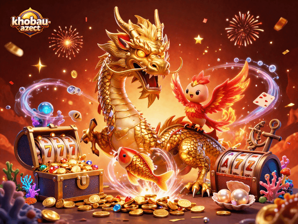 Experience khobau-aztec excitement with a vibrant 3D dragon, phoenix, and koi fish amidst golden slot reels.