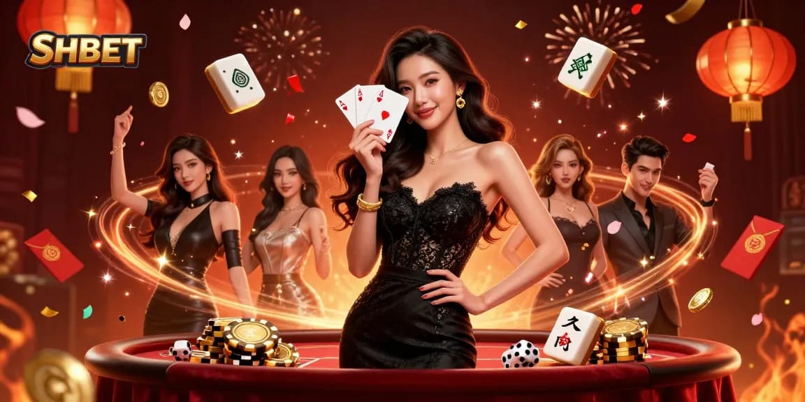 SHBET offers an exciting casino experience with a glamorous woman holding playing cards, enveloped by vibrant casino elements.