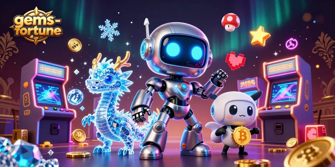 Experience the gems-fortune adventure with vibrant 3D gaming characters and elements in a dynamic casino scene.