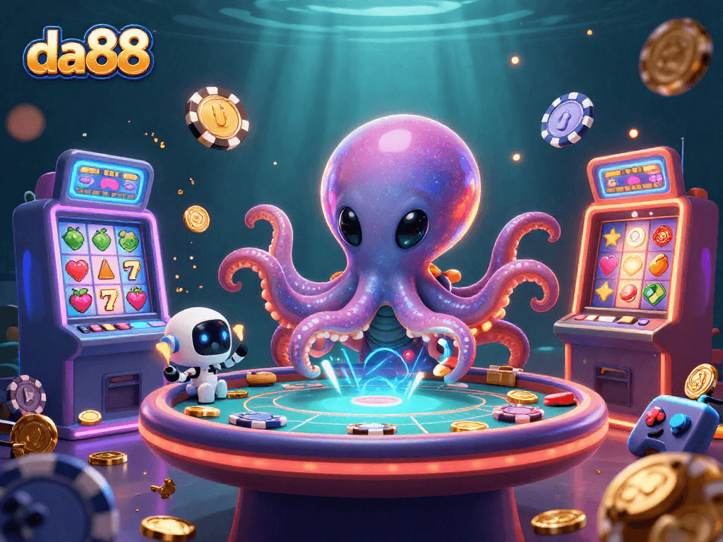 Experience da88's exciting gaming action with a vibrant alien octopus at the poker table.