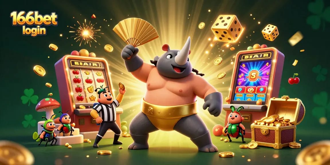 Experience big wins with 166bet login while a sumo beetle unleashes jackpots and excitement in a vibrant casino.