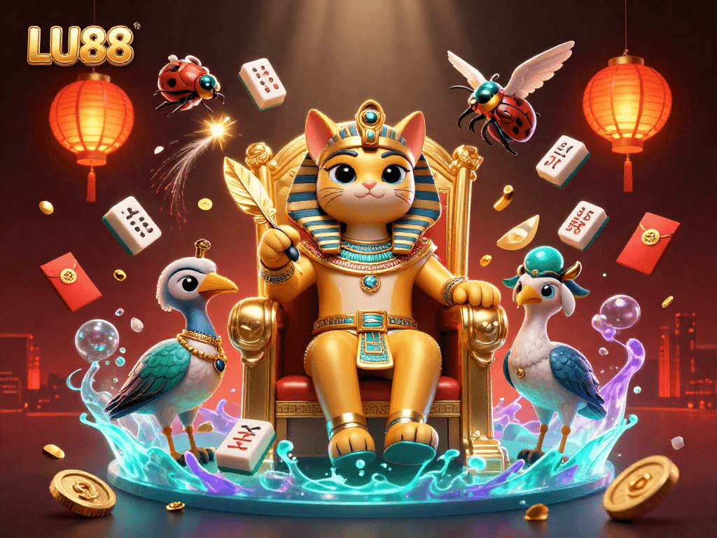 LU88 offers vibrant casino adventures with a charming Egyptian pharaoh cat and festive elements.