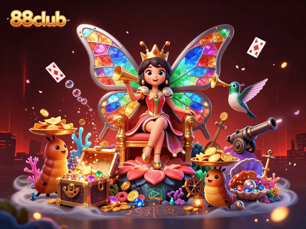 Experience the excitement of 88club with vibrant casino characters amidst treasure and games.