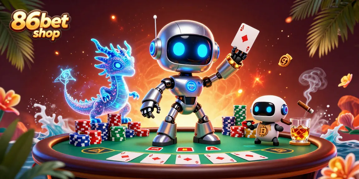 Engage in exciting gameplay at 86bet shop with a futuristic robot, dragon companion, and bitcoin drone.