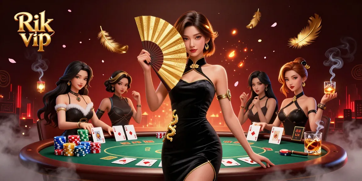 Engage with the thrilling poker world of Rik vip, featuring vibrant gameplay elements and a stunning Asian woman in an elegant setting.