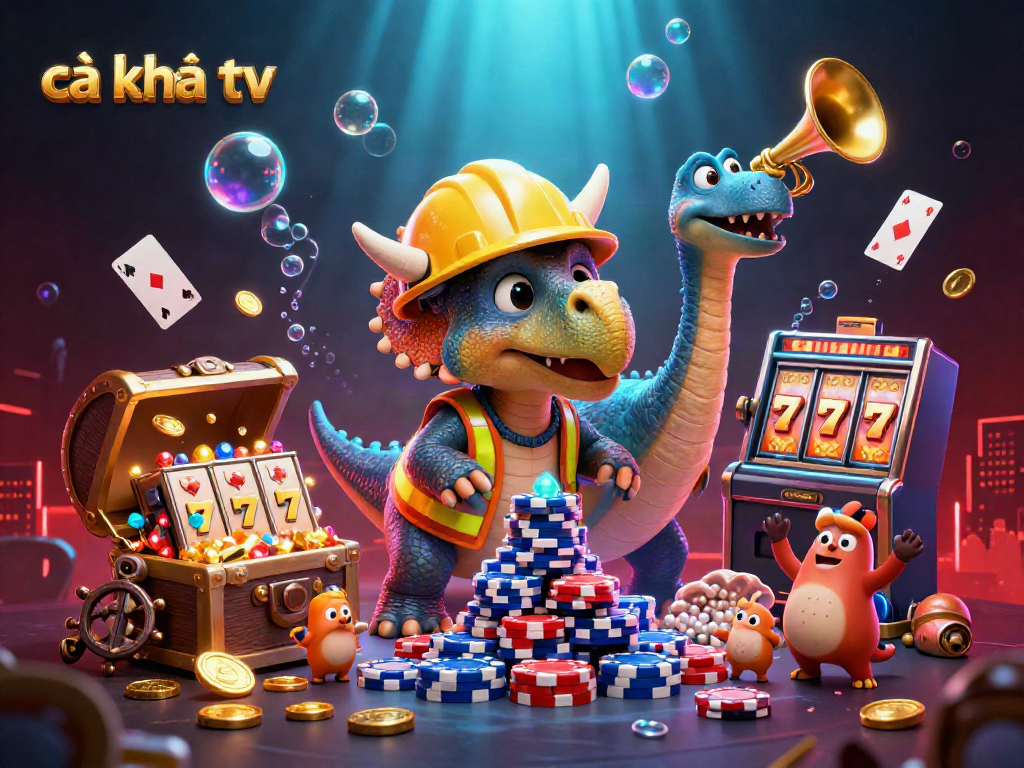 Cà khịa tv features a vibrant triceratops building poker chip pyramids in a celebratory casino scene.