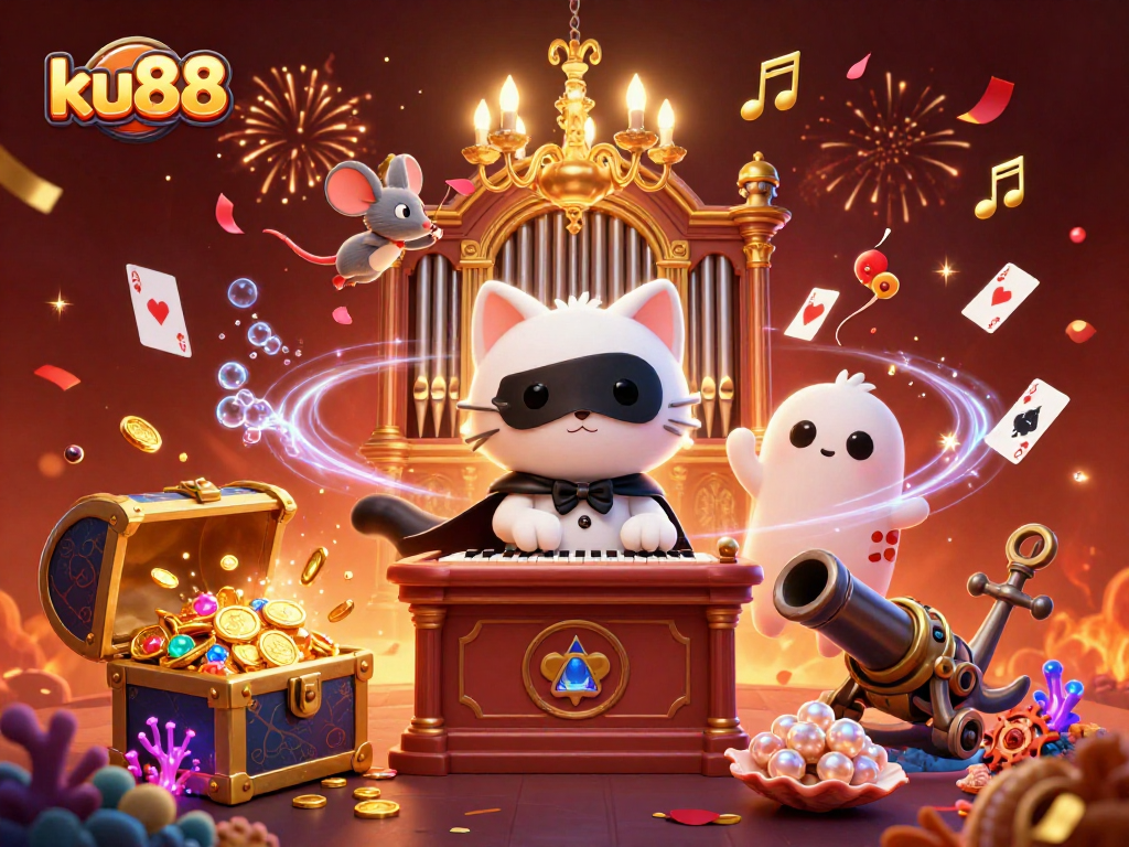 ku88 players engaging with vibrant casino elements in an exciting 3D illustration filled with action