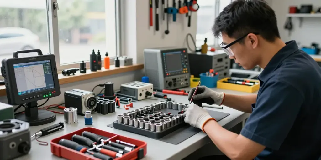 Technician using beta tools in a professional automotive workshop setting.