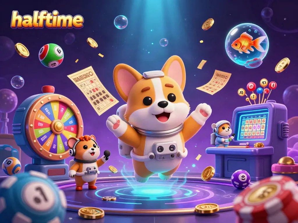 Experience halftime excitement in a dynamic casino scene with a floating corgi and colorful elements.