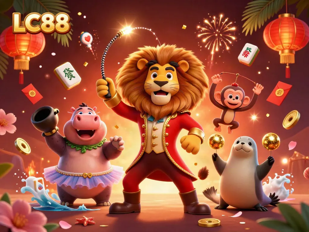 Engage with the dazzling scene of LC88, where a lion, hippo, monkey, and seal create a lively casino atmosphere.