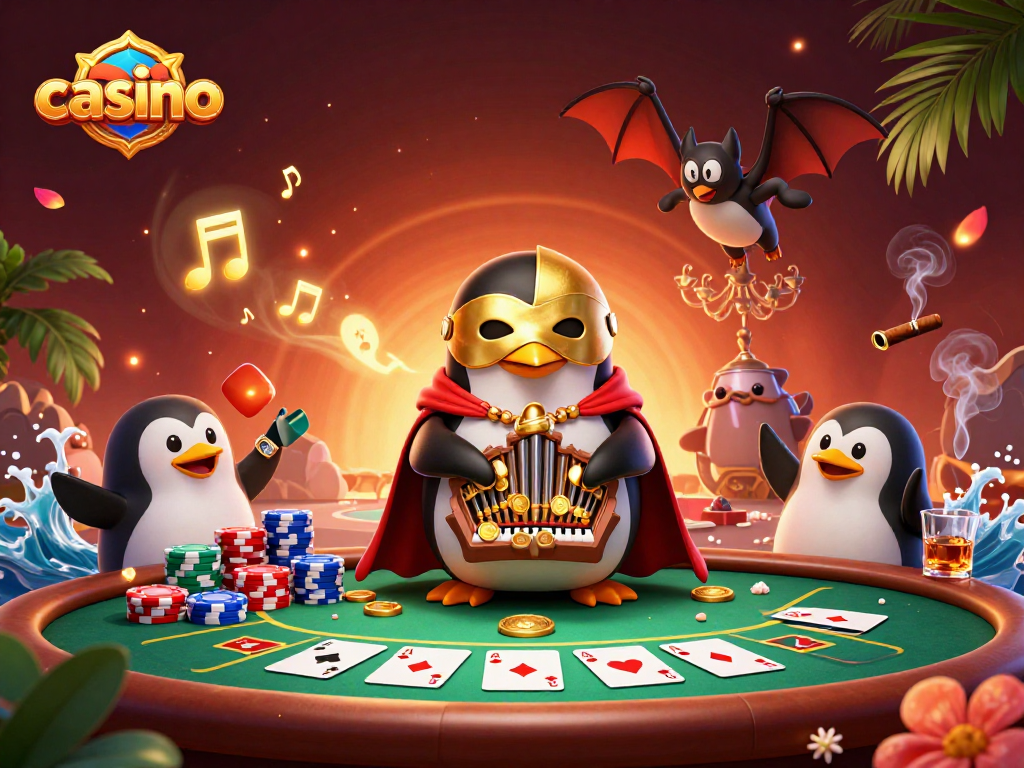 Engage in a vibrant casino scene with a phantom penguin and bat acrobat generating excitement.