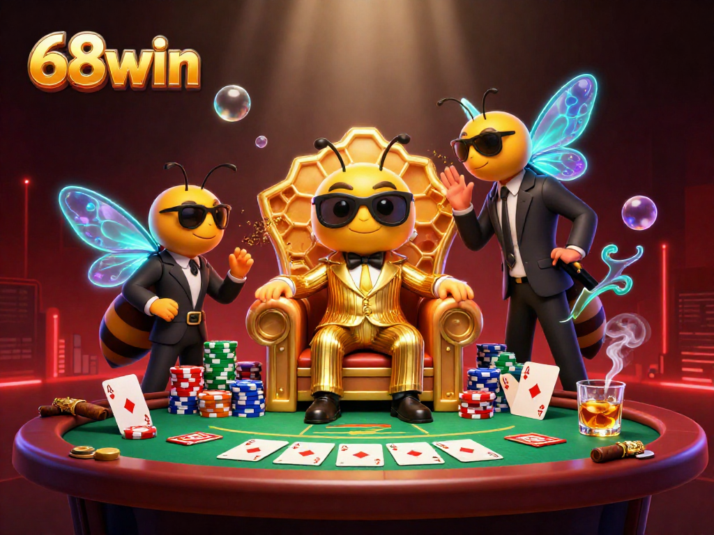 Experience thrilling poker action with 68win in this vibrant 3D scene featuring game elements and characters.