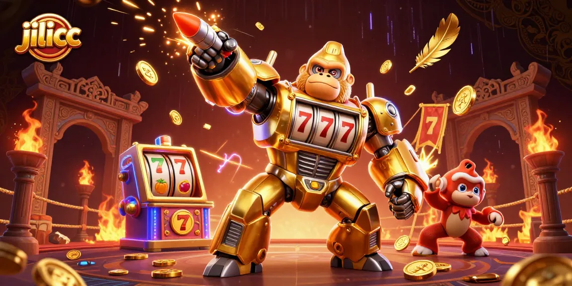 Experience the thrill of jilicc with a golden gorilla mech and vibrant slot elements in a dynamic casino scene.