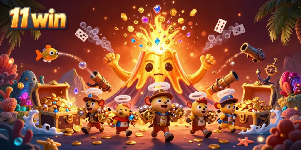Experience the excitement of 11 win as treasures erupt from a golden volcano in a dazzling casino landscape.