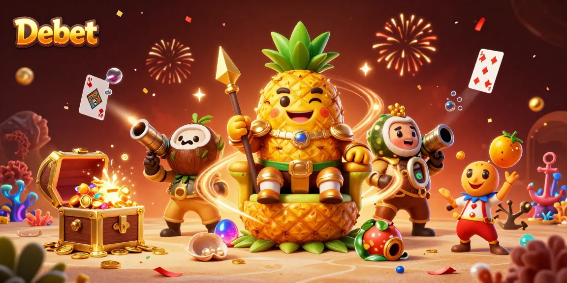 Experience ultimate gaming excitement at Debet with a vibrant beach casino scene featuring a golden pineapple king and treasure-filled action.
