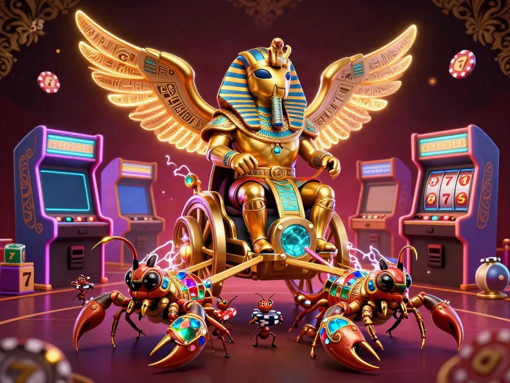 Experience exhilarating gaming action with S8's colossal golden scarab beetle and vibrant casino elements.