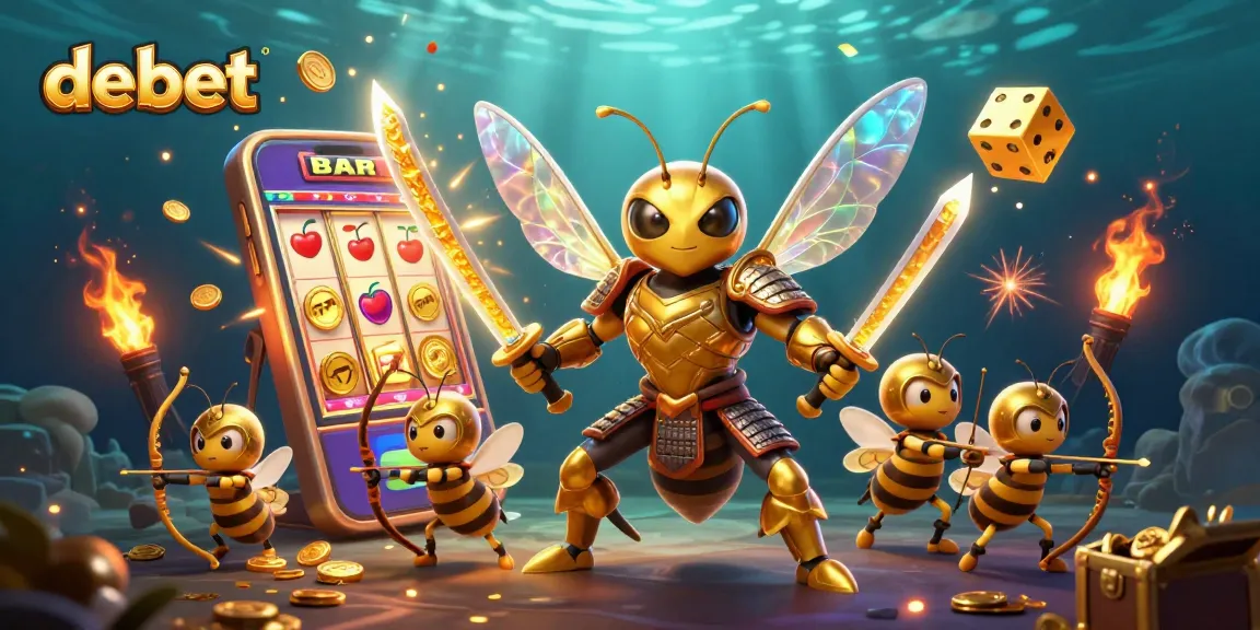 Engage with debet's vibrant gaming scene featuring a golden hornet samurai amidst dazzling casino elements.