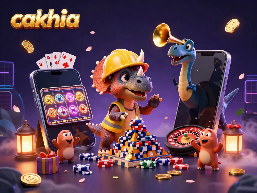 Cakhia engages users with a vibrant 3D illustration featuring a triceratops, casino elements, and celebratory characters.
