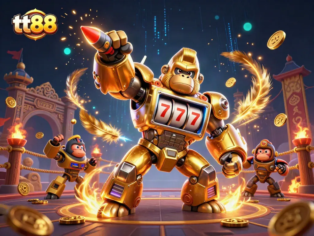 Experience thrilling gameplay with tt88's transformative golden gorilla mech in a vibrant casino arena.