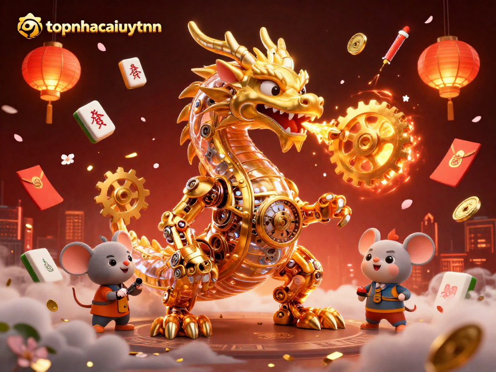 The stunning illustration showcases topnhacaiuytinn with a mechanical dragon and dynamic gambling elements, offering an immersive gaming atmosphere.