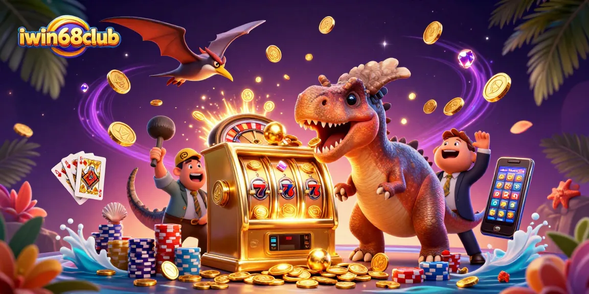 Win big at iwin68club while the pachycephalosaurus celebrates a jackpot, surrounded by casino excitement.